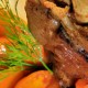 Jarret de veau cuit doucement, mangue juste confite